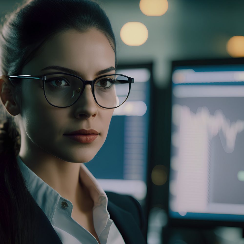 portrait of young attractive businesswoman in eyeglasses looking at camera in office